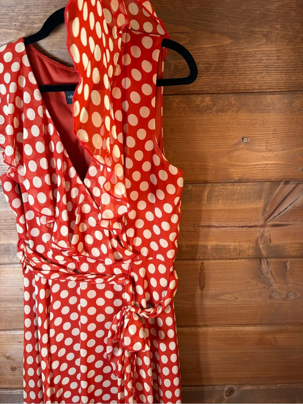 Connected Apparel Rust Orange Polka Dot Faux Wrap Midi Dress Tie Waist Size 8 🧡